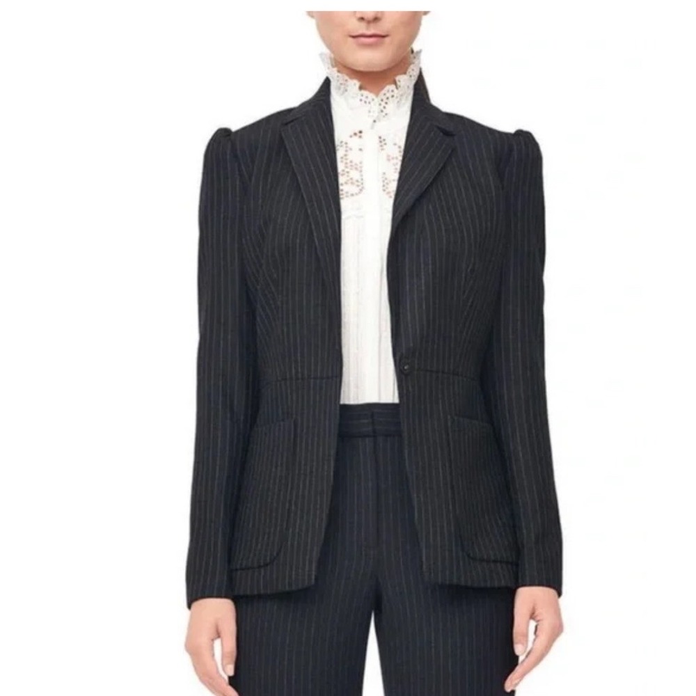 Rebecca Taylor Pinstripe Puff Shoulder Blazer Jacket Charcoal Gray Womens Size 6